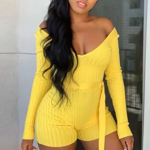 Solid Off Shoulder V-Neck Long Sleeve Romper