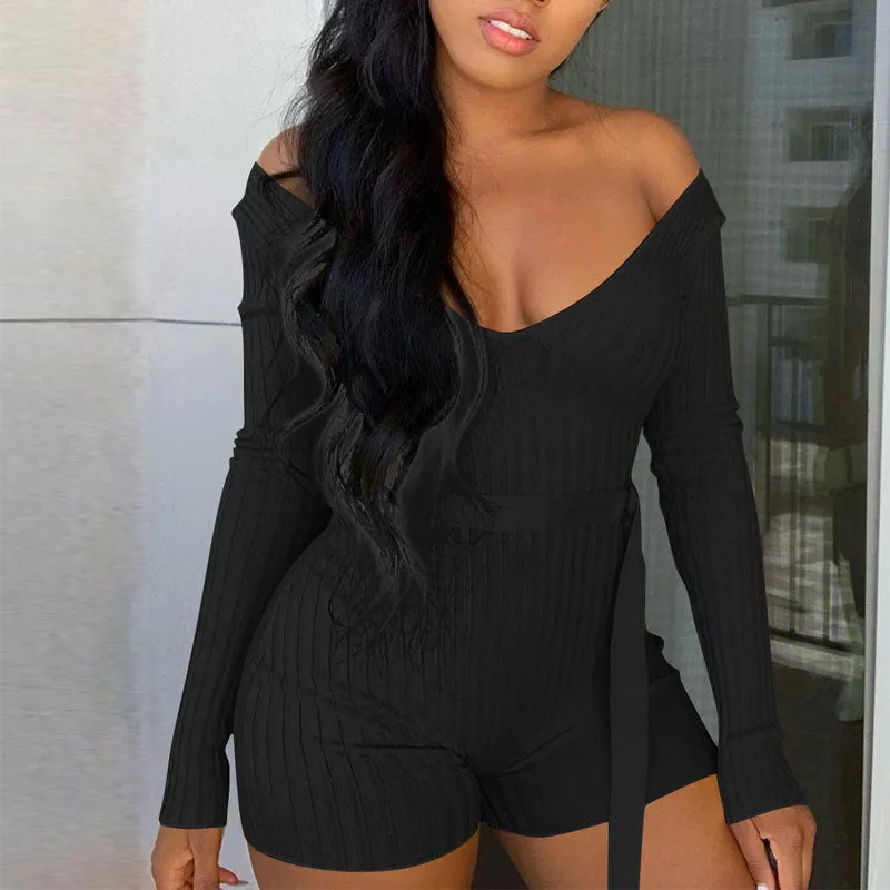 Solid Off Shoulder V-Neck Long Sleeve Romper