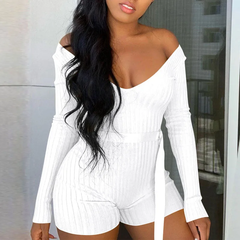 Solid Off Shoulder V-Neck Long Sleeve Romper