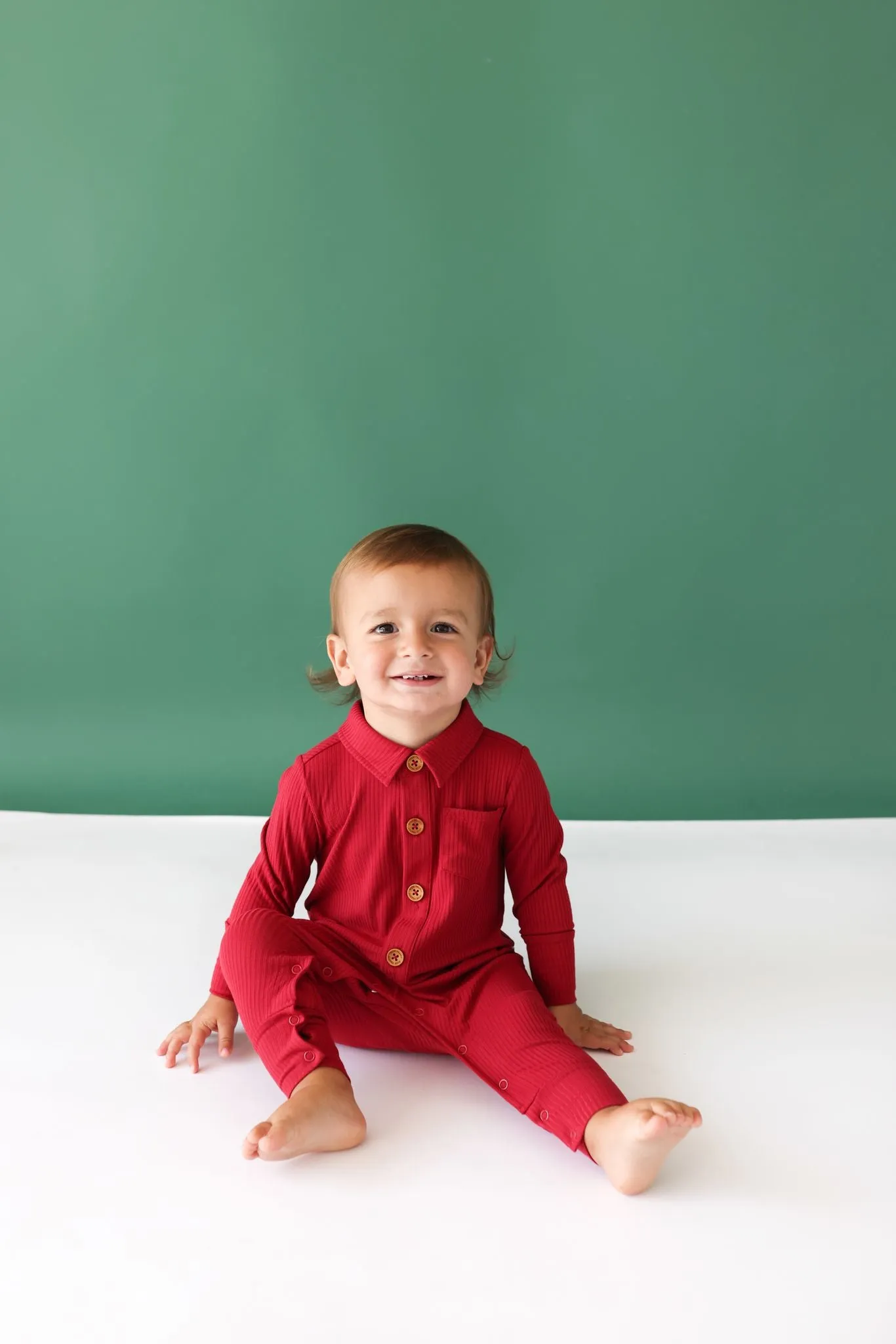 Solid Ribbed Dark Red - Long Sleeve Collared Henley Long Romper