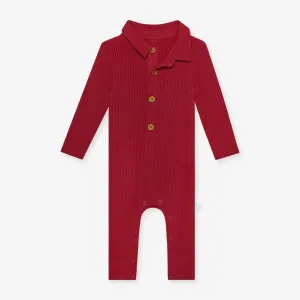 Solid Ribbed Dark Red - Long Sleeve Collared Henley Long Romper