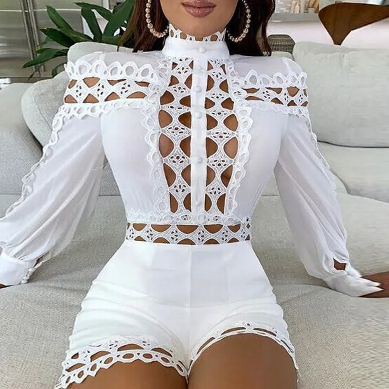 Solid Turtleneck Long Sleeve Hollow Out Romper