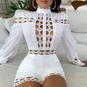 Solid Turtleneck Long Sleeve Hollow Out Romper