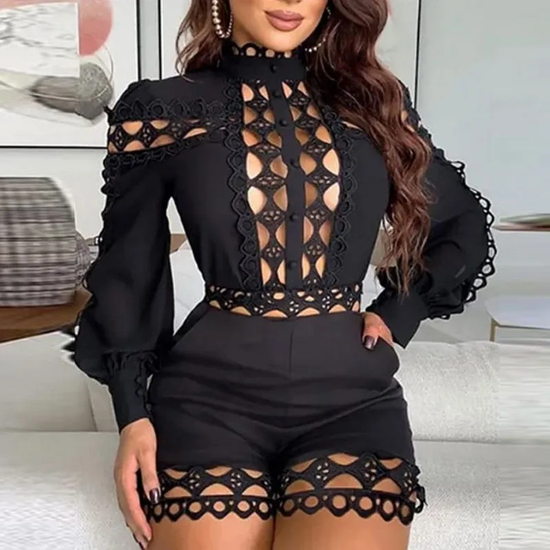Solid Turtleneck Long Sleeve Hollow Out Romper
