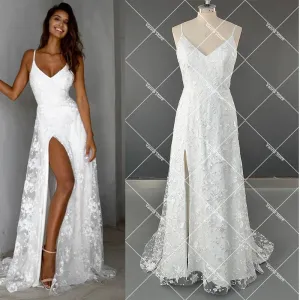 Spaghetti Straps Customized High Split Wedding Gowns Backless Embroidery Lace Netting Maxi Boho Bridal Dress