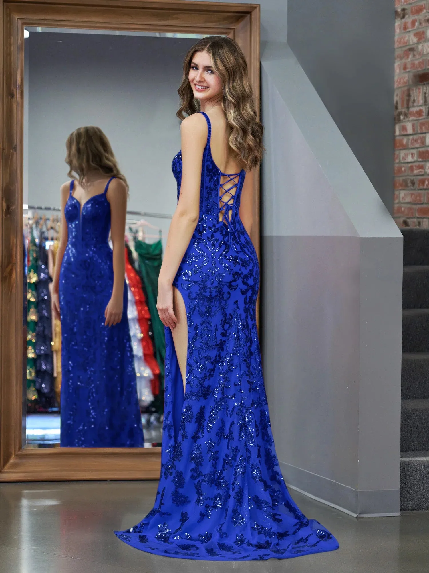 Sparkly Blue Sheath Sequins Long Prom Dress with Slit