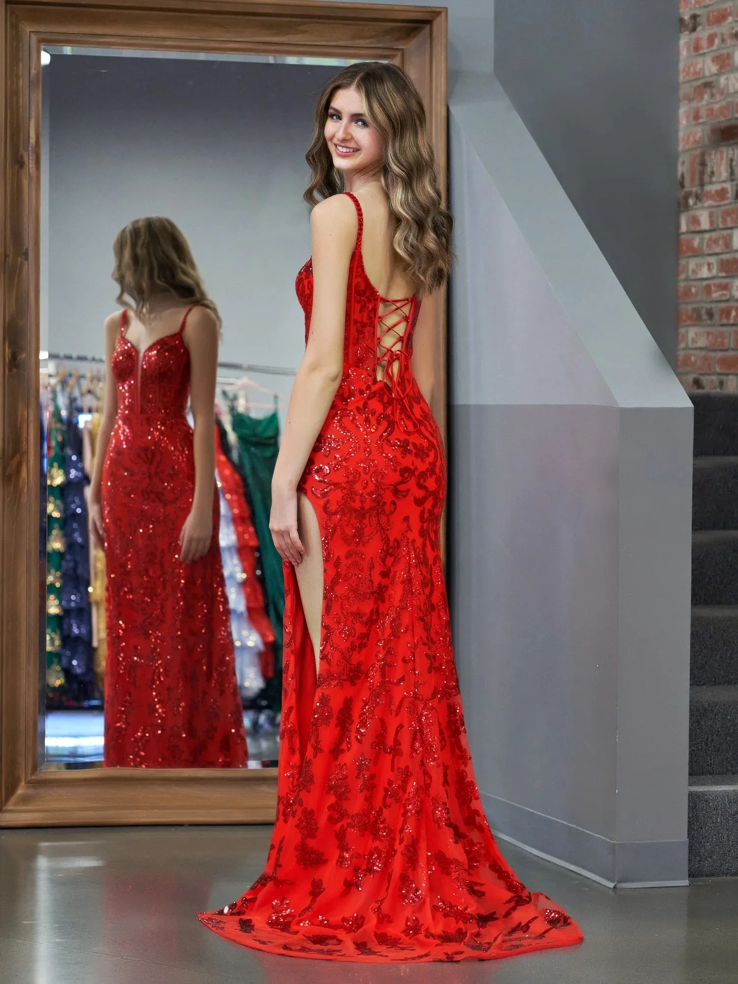 Sparkly Blue Sheath Sequins Long Prom Dress with Slit