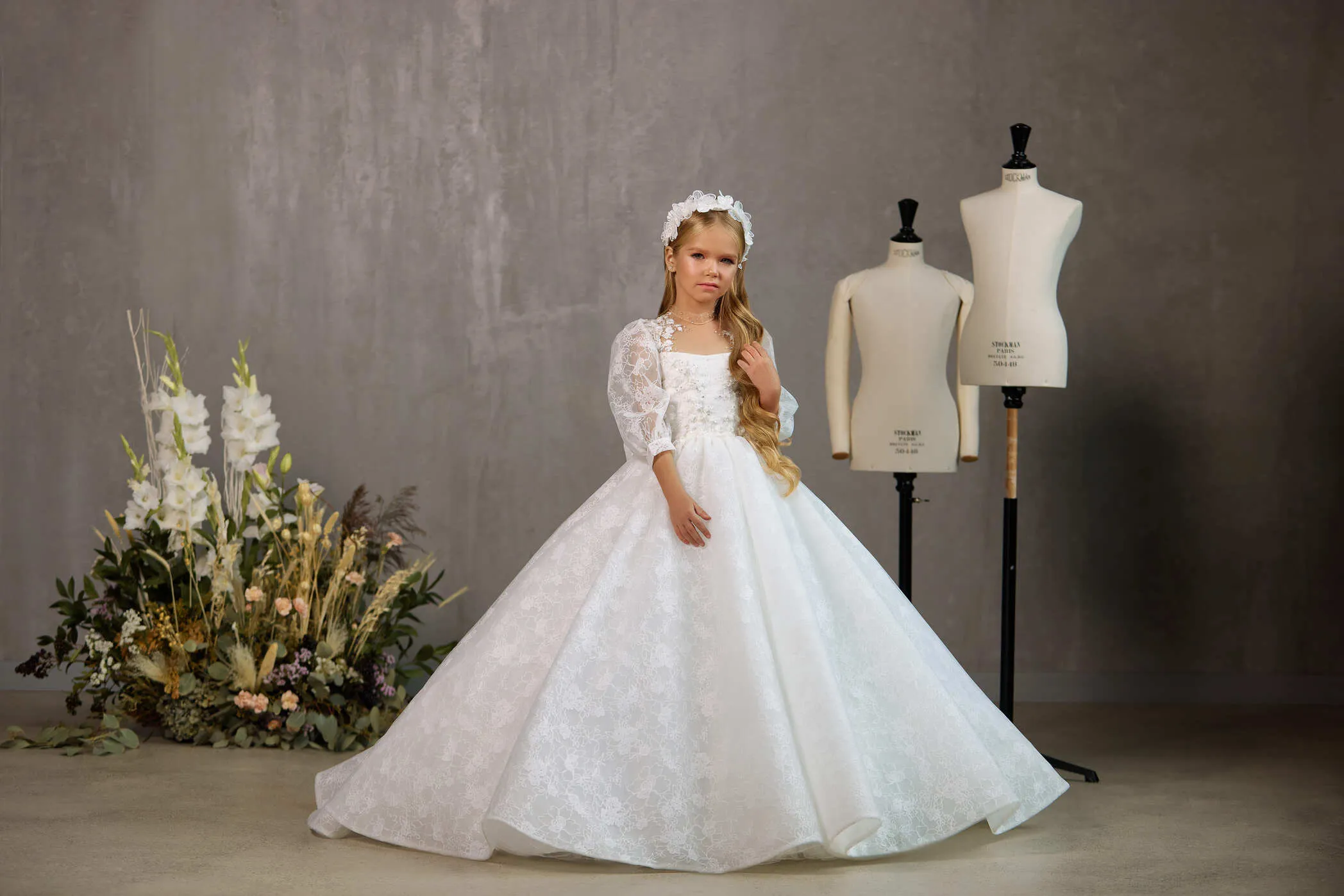 ST CATHARINS SHEER PUFF SLEEVE COMMUNION DRESS WITH LACE DETAIL