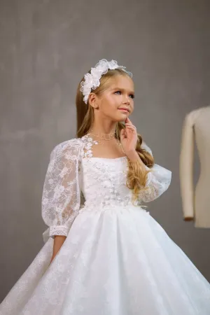 ST CATHARINS SHEER PUFF SLEEVE COMMUNION DRESS WITH LACE DETAIL