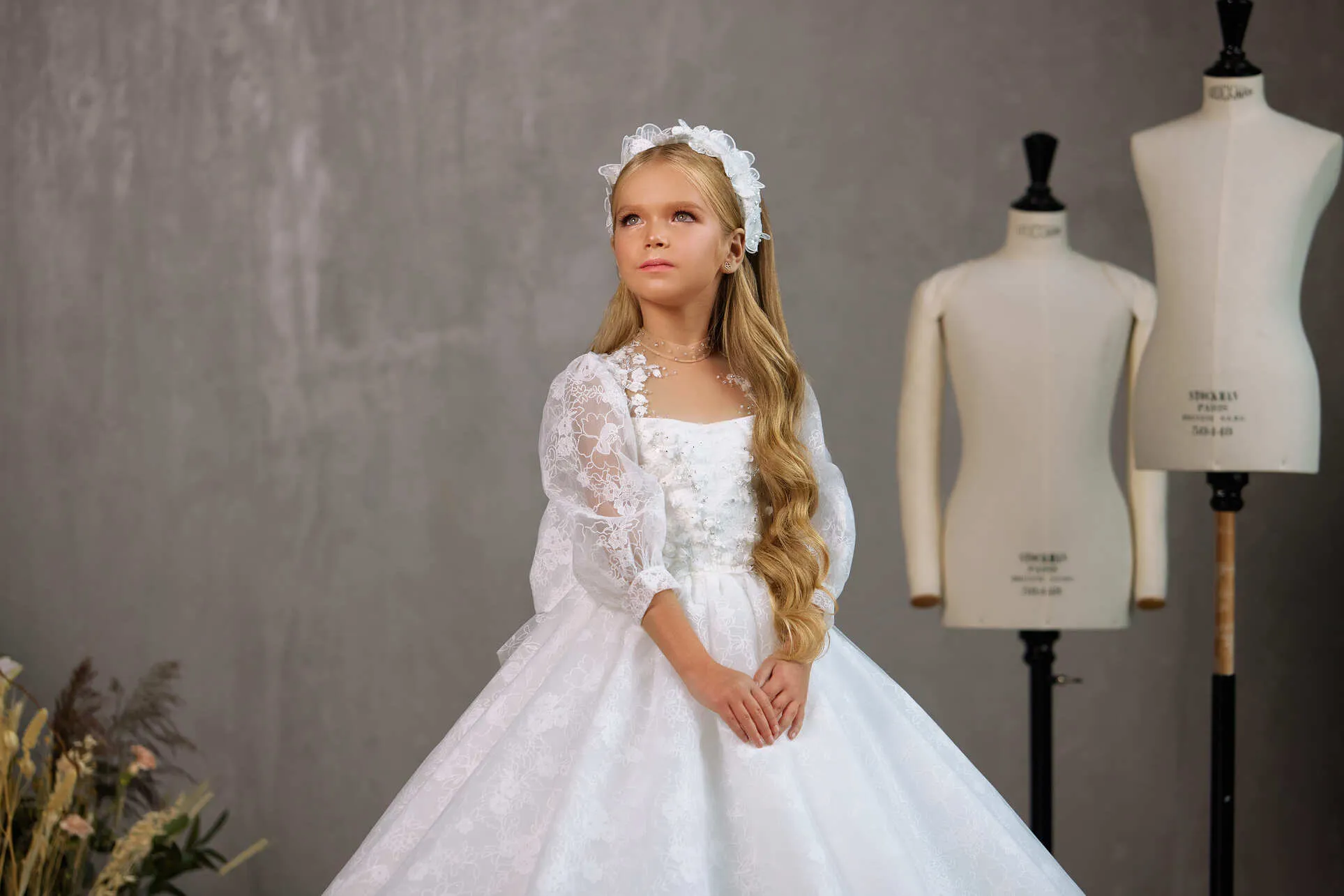 ST CATHARINS SHEER PUFF SLEEVE COMMUNION DRESS WITH LACE DETAIL