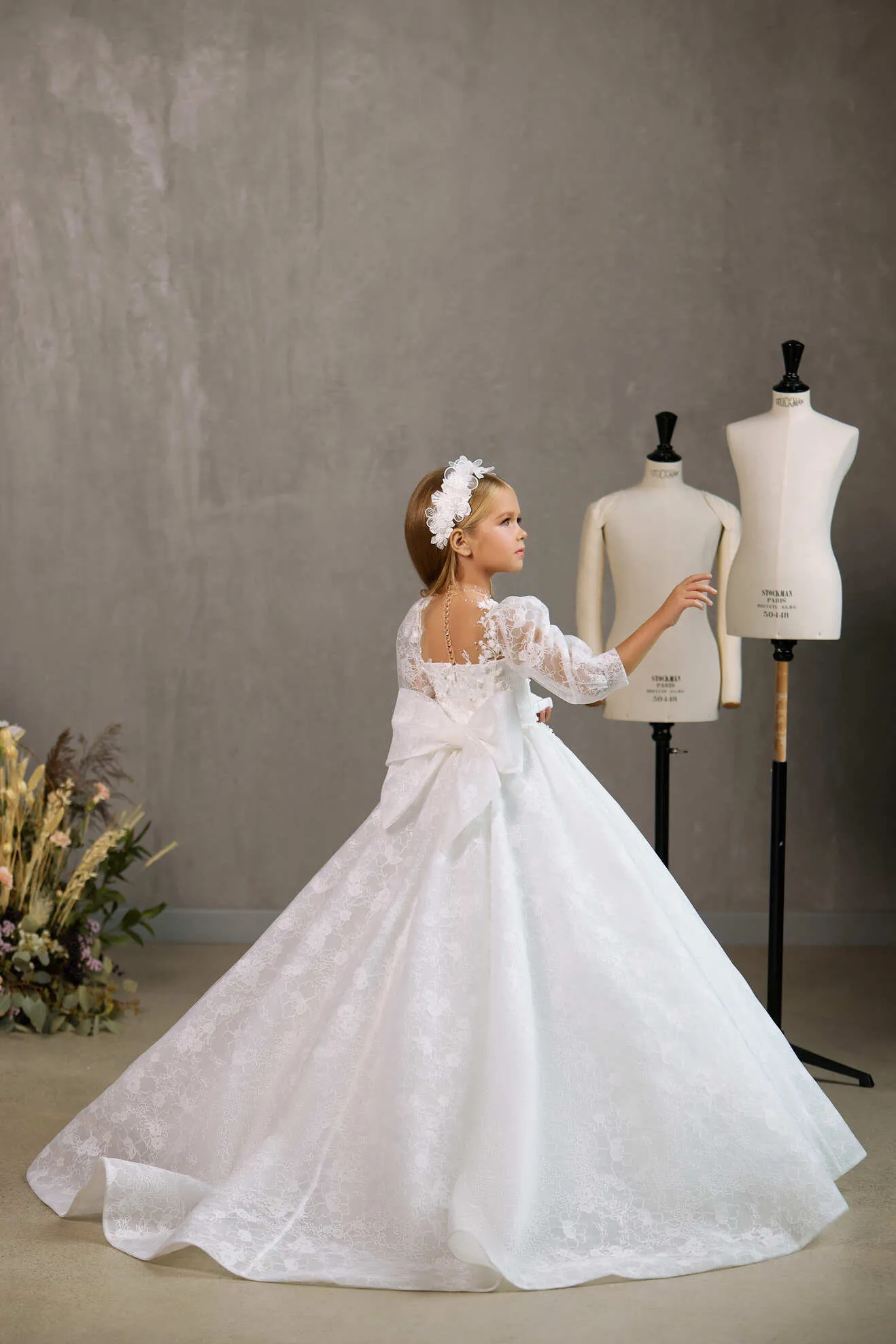 ST CATHARINS SHEER PUFF SLEEVE COMMUNION DRESS WITH LACE DETAIL