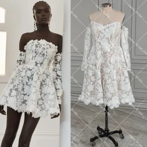 Strapless After Wedding Dress Mini Length Embroidered Lace Boned Corset Separate Customized Long Sleeves Reception Bridal Gowns