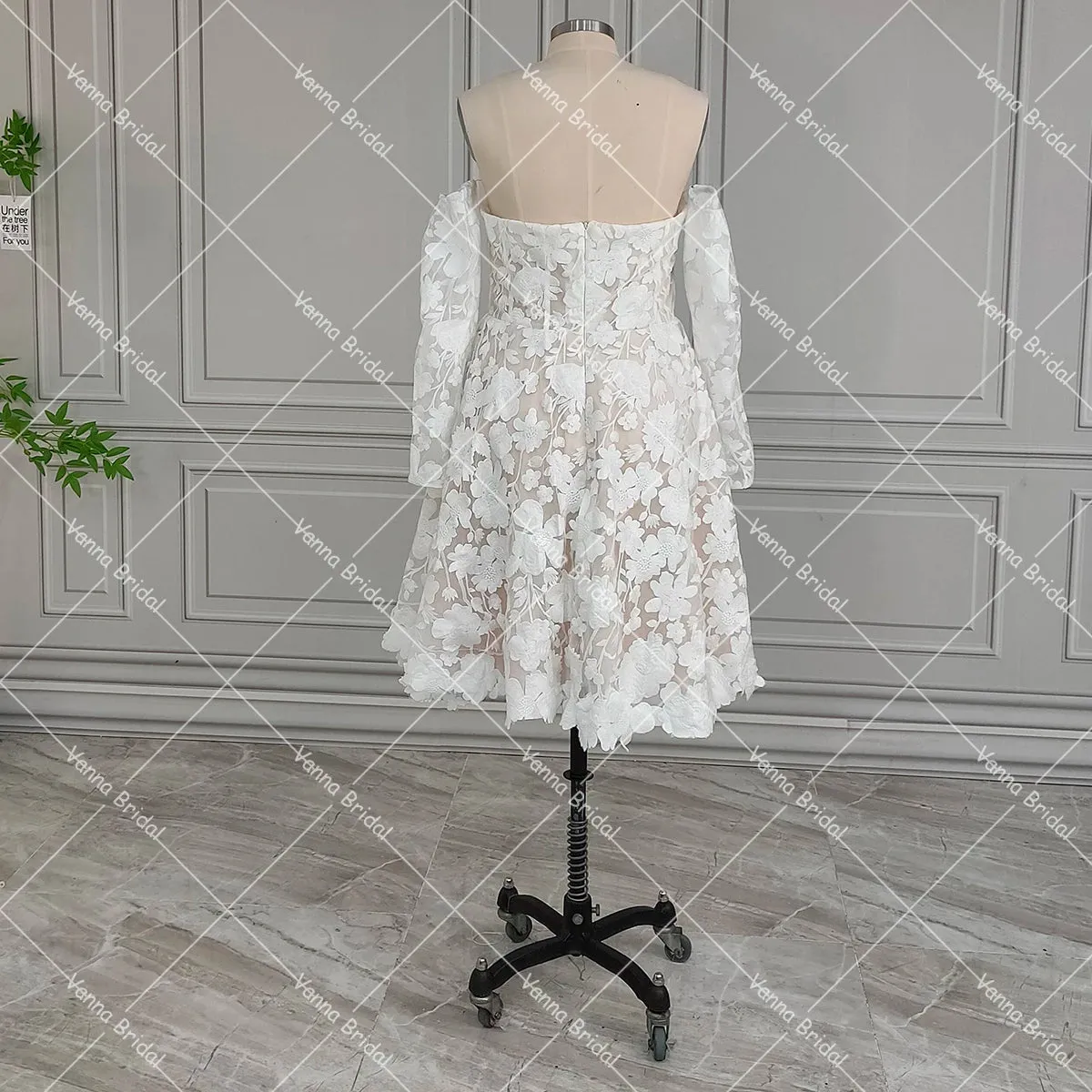 Strapless After Wedding Dress Mini Length Embroidered Lace Boned Corset Separate Customized Long Sleeves Reception Bridal Gowns