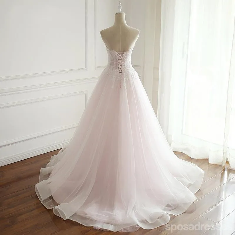 Strapless Pale Pink Long Custom Cheap Custom Wedding Dresses, WD308