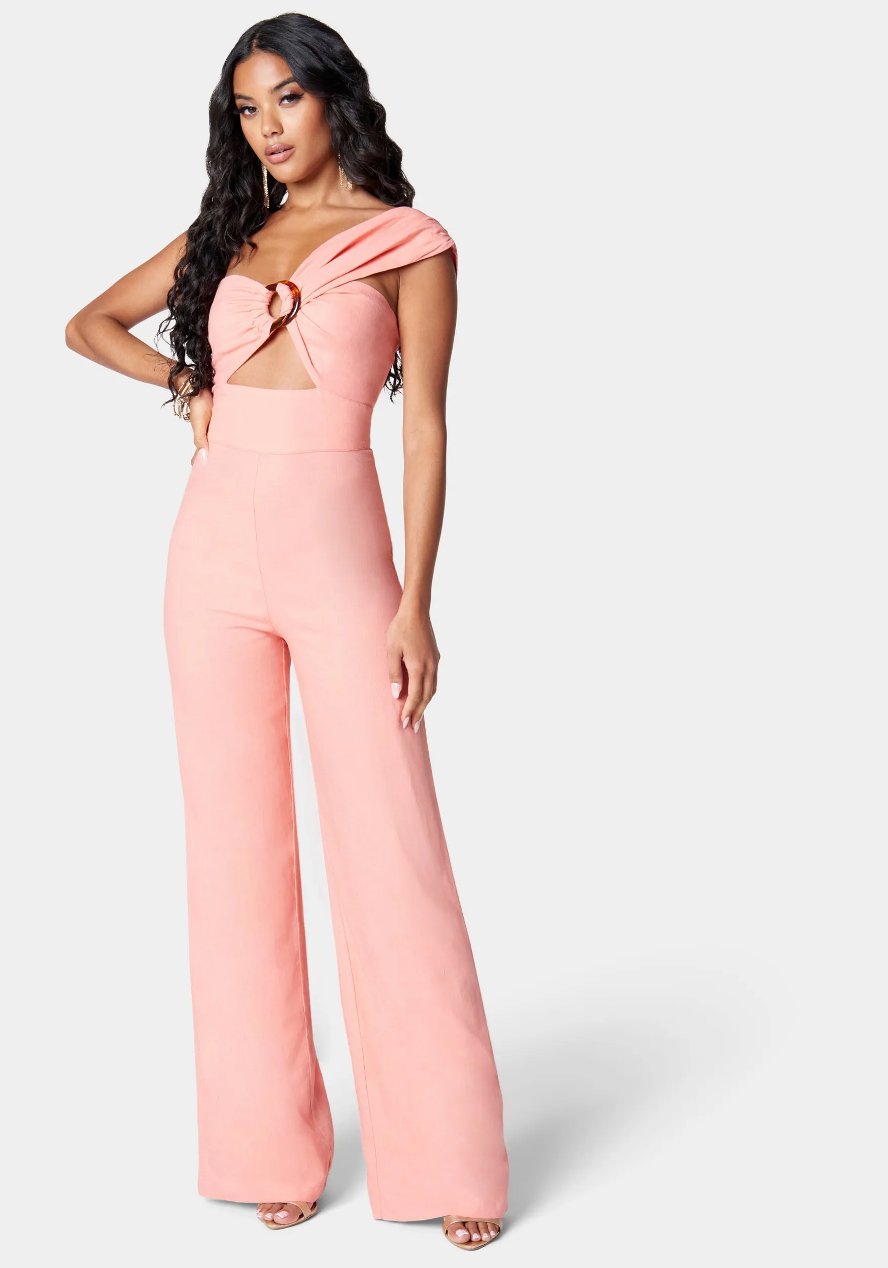 Stretch Linen Asymmetric Draped Wide Leg Jumpsuit