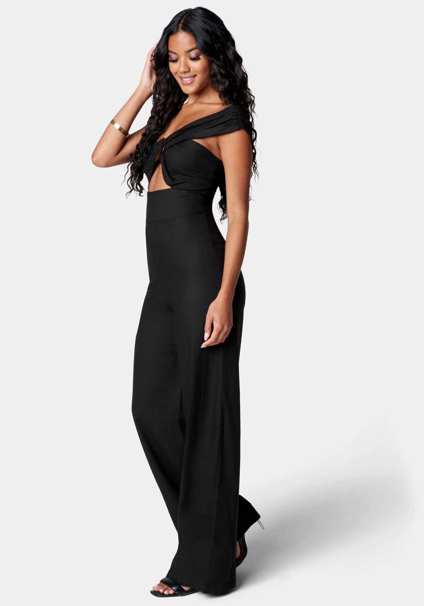 Stretch Linen Asymmetric Draped Wide Leg Jumpsuit