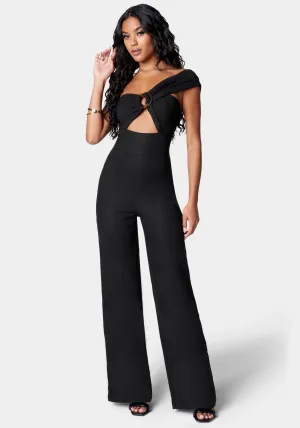 Stretch Linen Asymmetric Draped Wide Leg Jumpsuit