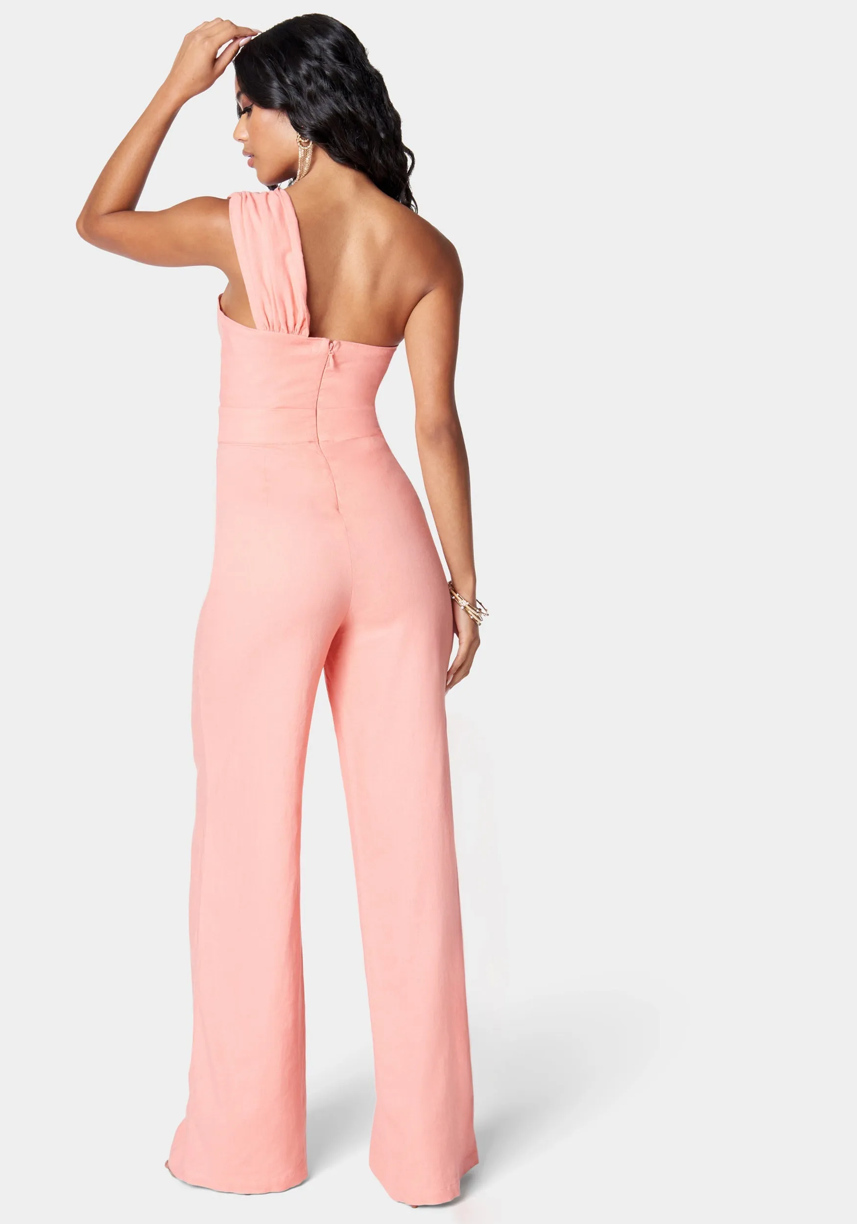 Stretch Linen Asymmetric Draped Wide Leg Jumpsuit