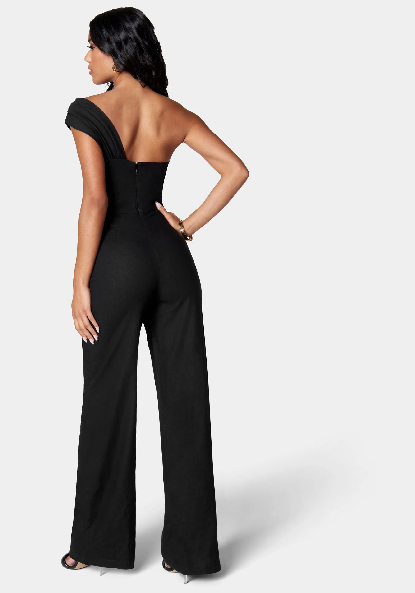 Stretch Linen Asymmetric Draped Wide Leg Jumpsuit