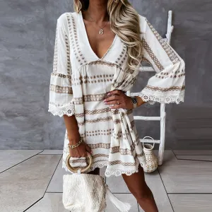 Summer Casual Loose Flare Sleeve Beach Dress, Chic V-Neck Mini Dress