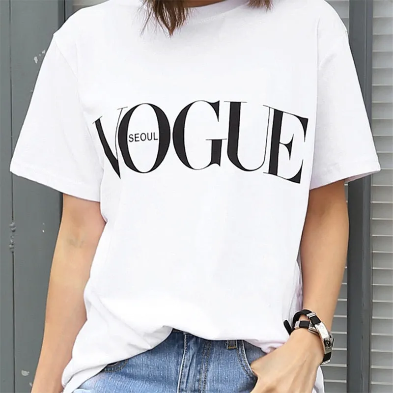 Summer Girl Short Sleeve Tops for Women VOGUE Letter Printed