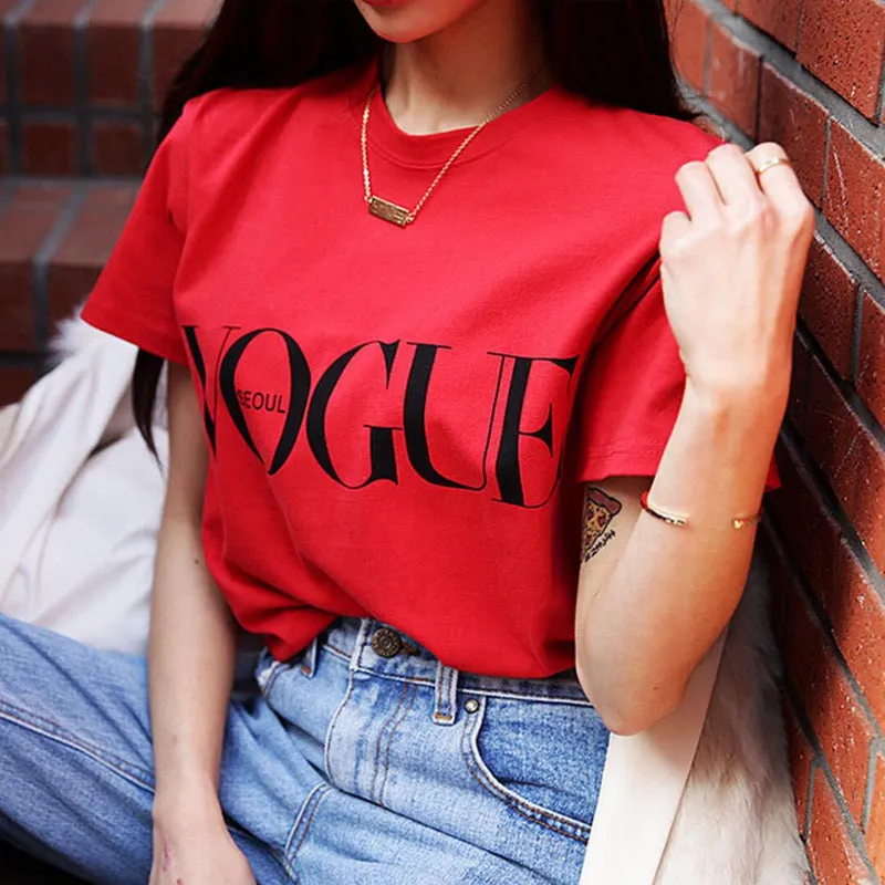 Summer Girl Short Sleeve Tops for Women VOGUE Letter Printed
