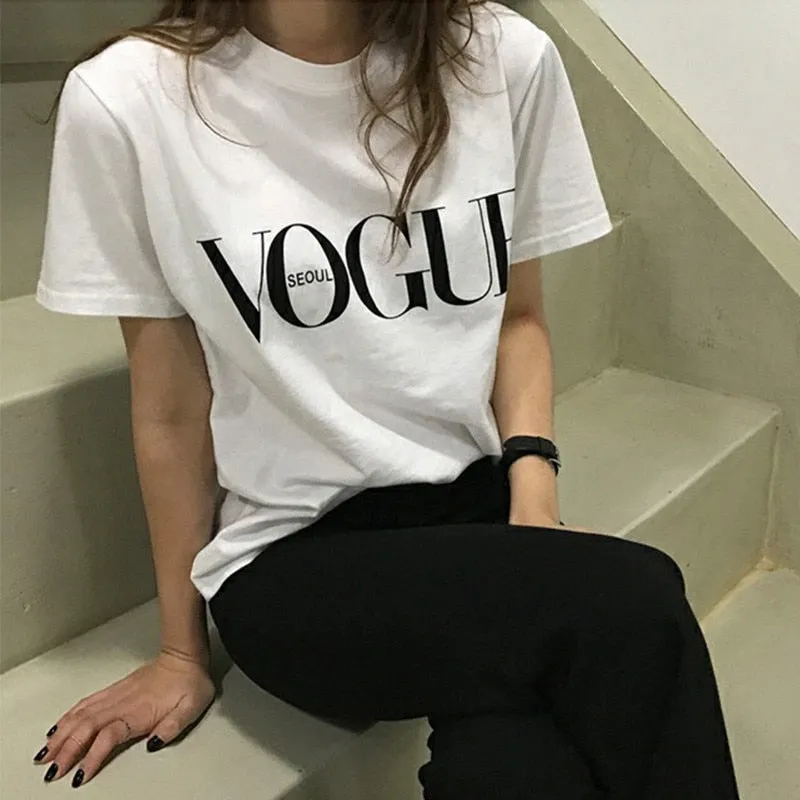 Summer Girl Short Sleeve Tops for Women VOGUE Letter Printed