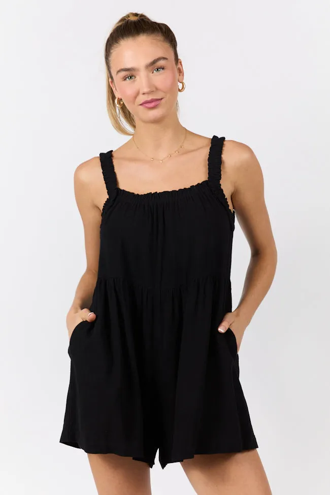 Sun Kissed Black Ruffle Strap Solid Romper