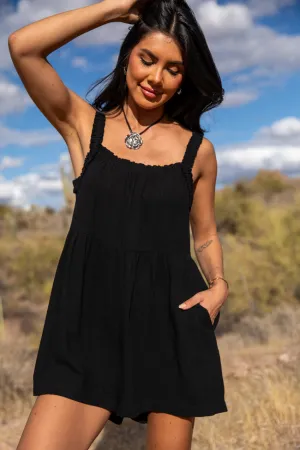Sun Kissed Black Ruffle Strap Solid Romper