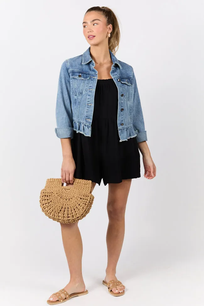 Sun Kissed Black Ruffle Strap Solid Romper