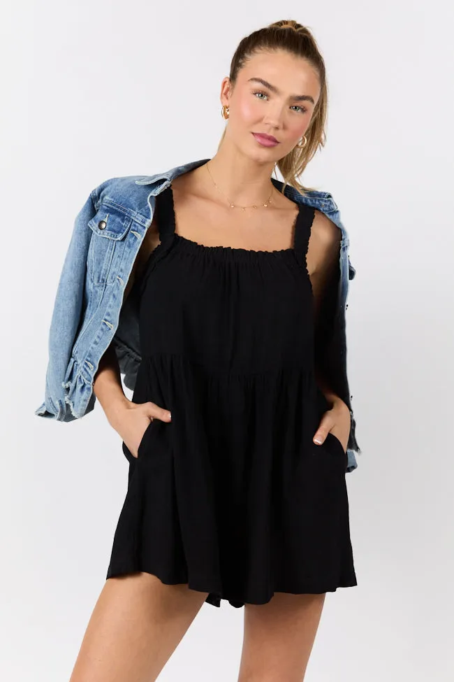 Sun Kissed Black Ruffle Strap Solid Romper