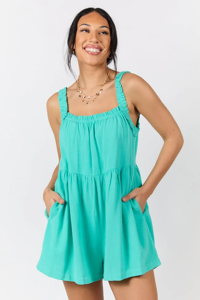 Sun Kissed Teal Ruffle Strap Solid Romper