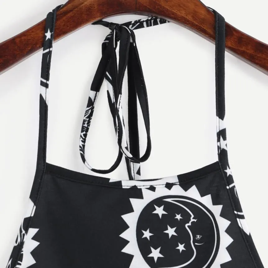 Sun Moon Halter Neck Backless Crop Top