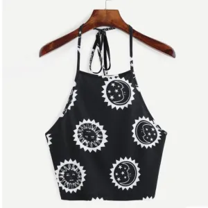 Sun Moon Halter Neck Backless Crop Top