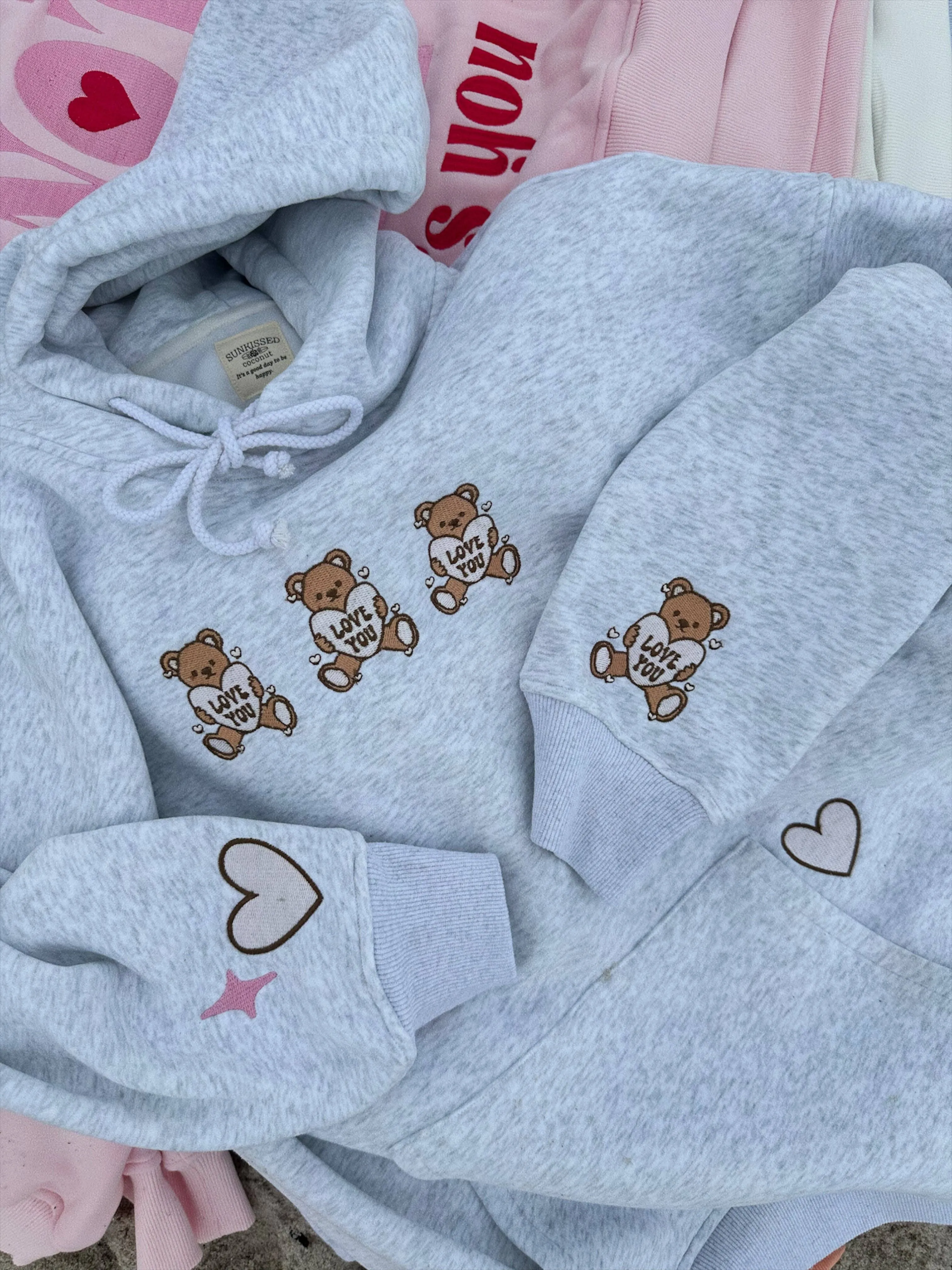 Sunkissed Coconut Teddy Bear Embroider Hoodie: Pearl Grey