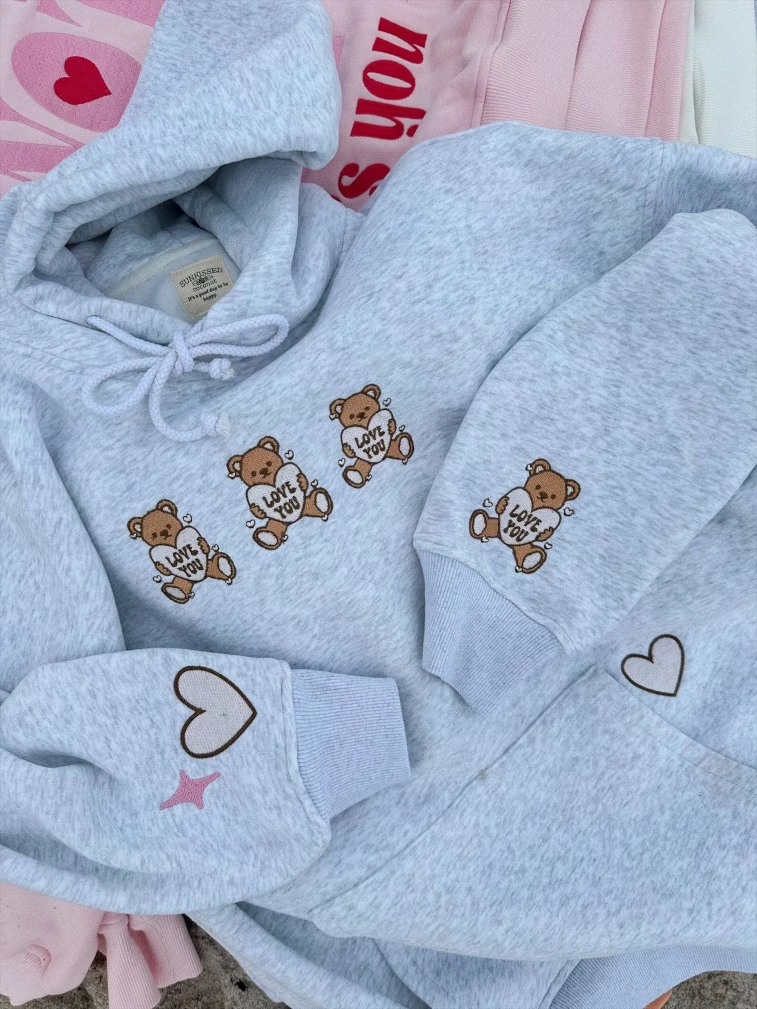 Sunkissed Coconut Teddy Bear Embroider Hoodie: Pearl Grey