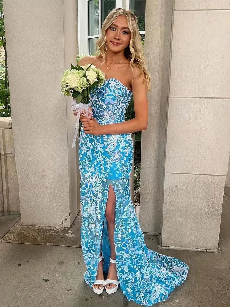 Sweetheart Mermaid Lace Long Prom Dresses with Split