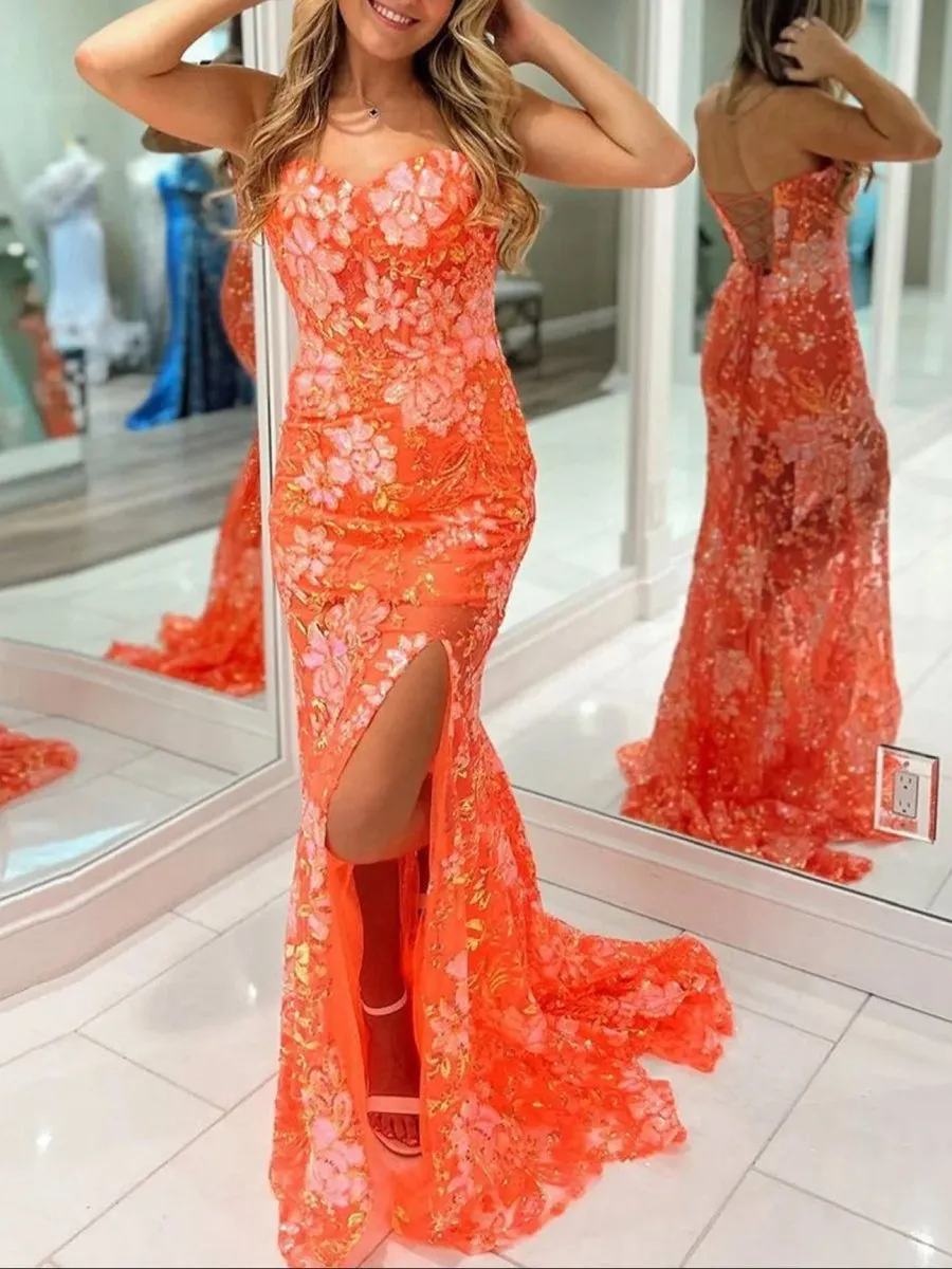 Sweetheart Mermaid Lace Long Prom Dresses with Split