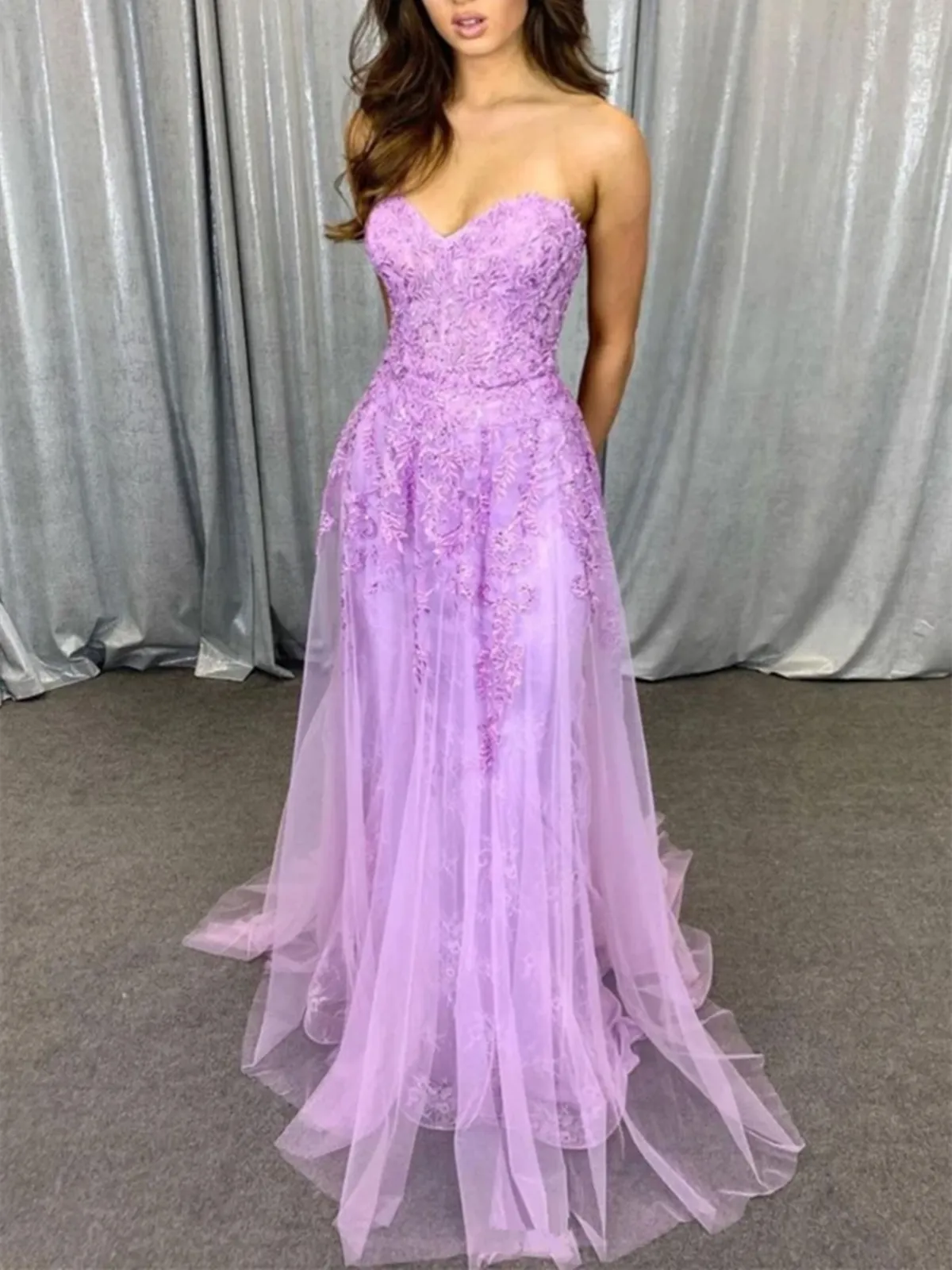 Sweetheart Neck Purple Tulle Lace Long Prom Dresses, Sweetheart Neck Purple Tulle Lace Long Formal Evening Dresses