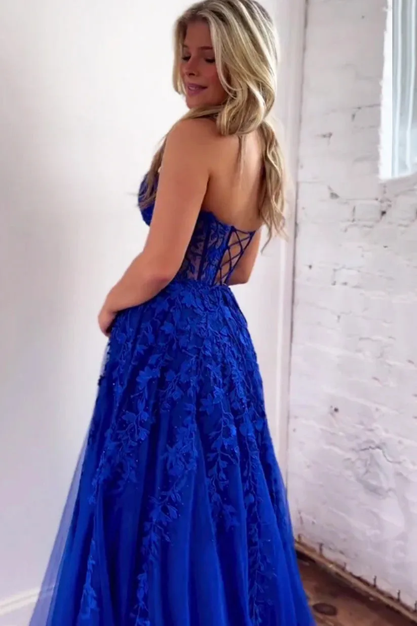 Sweetheart Neck Royal Blue Tulle Lace Long Prom Dresses, Lace Royal Blue Long Formal Evening  Dresses