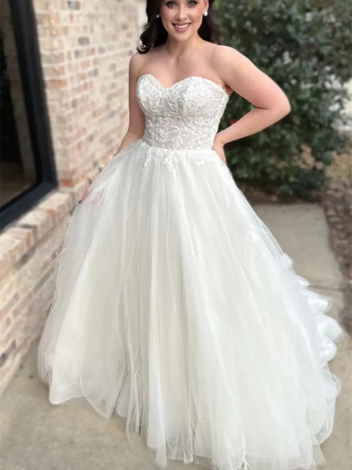 Sweetheart Neck White Lace Long Prom Dresses, Strapless Lace White Wedding Dresses, White Lace Formal Evening Dresses