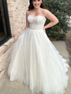 Sweetheart Neck White Lace Long Prom Dresses, Strapless Lace White Wedding Dresses, White Lace Formal Evening Dresses