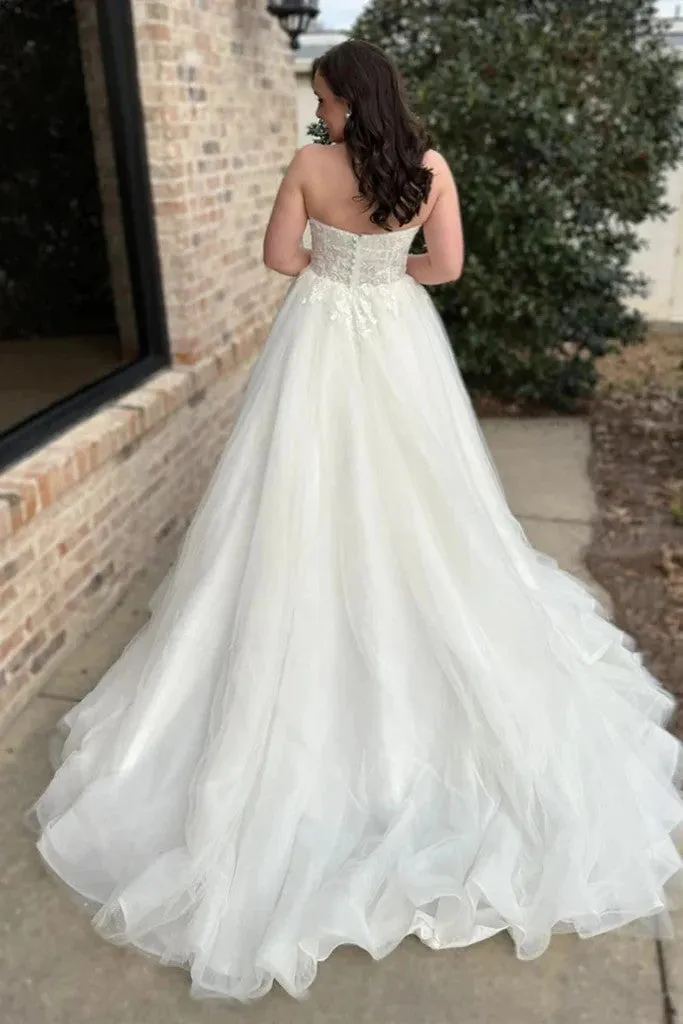 Sweetheart Neck White Lace Long Prom Dresses, Strapless Lace White Wedding Dresses, White Lace Formal Evening Dresses