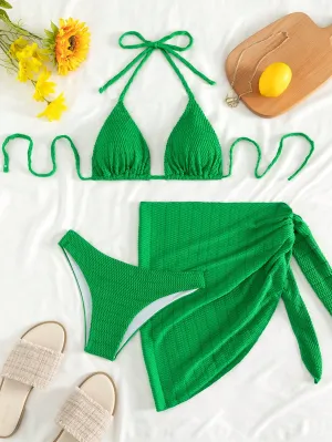 Swim Chiccia Summer Beach Plain Halter Triangle Bikini Set with Beach Skirt