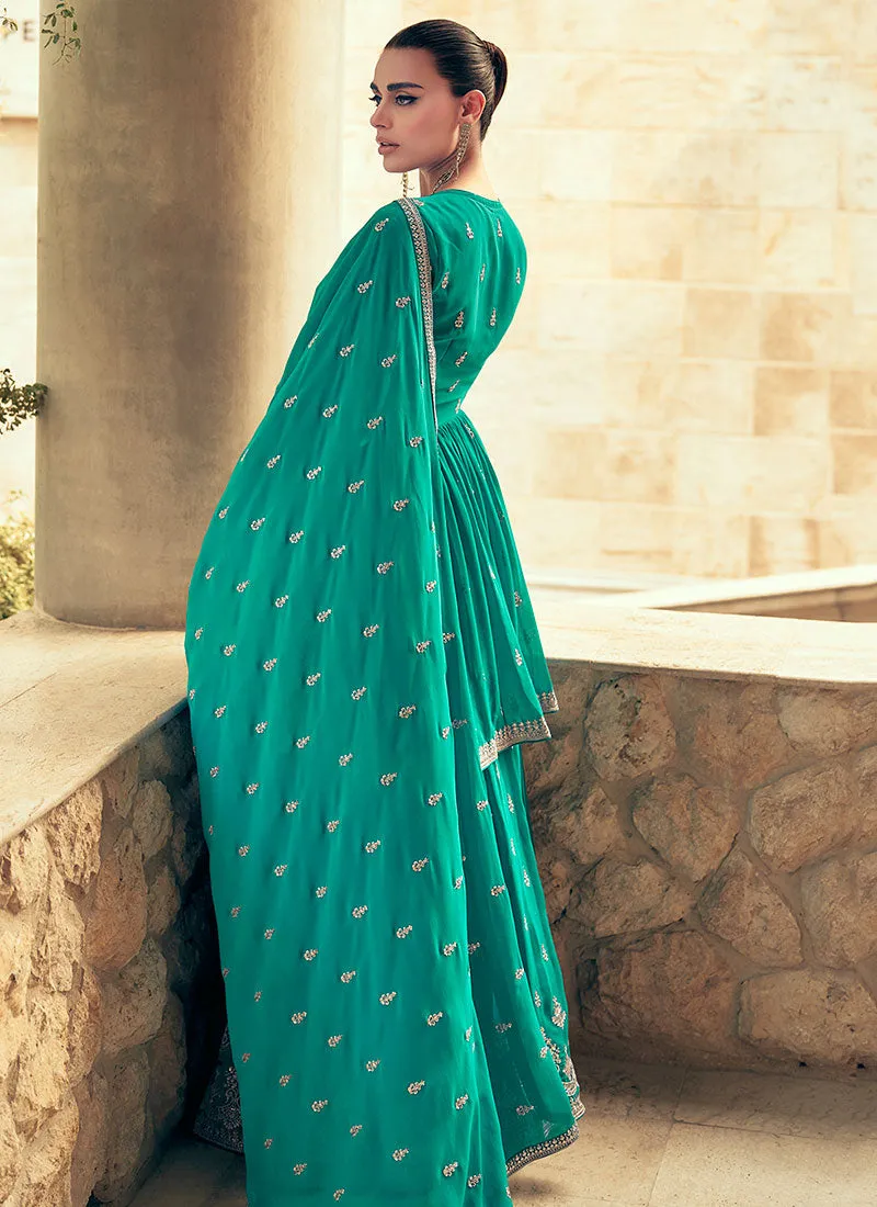 Teal Blue Reshamkari Embroidered Wedding Lehenga Kurti And Dupatta