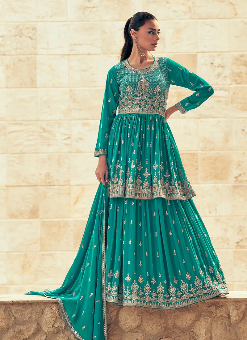 Teal Blue Reshamkari Embroidered Wedding Lehenga Kurti And Dupatta