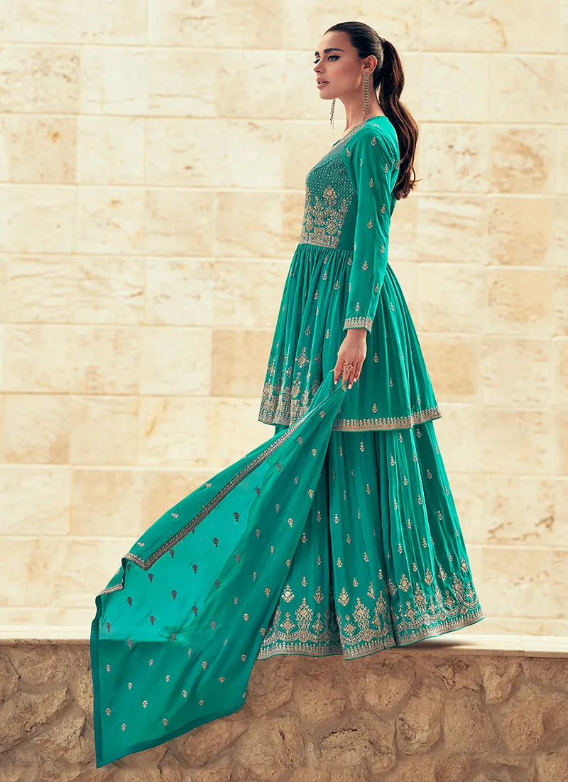 Teal Blue Reshamkari Embroidered Wedding Lehenga Kurti And Dupatta