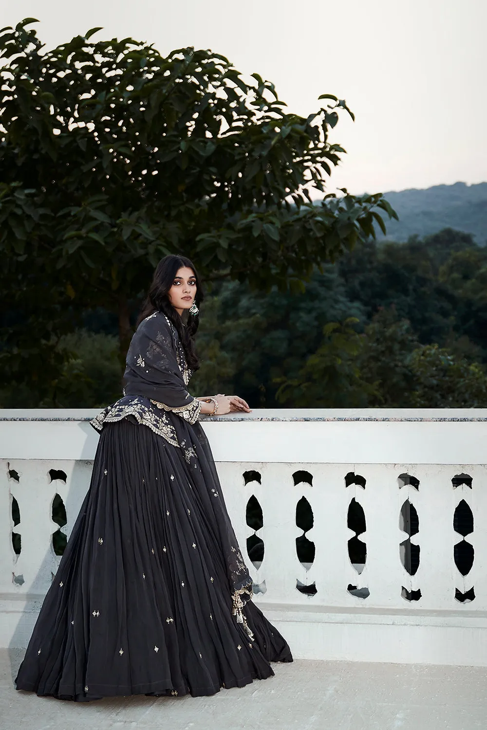 The British Grey Royal Matsya Peplum Lehenga Set