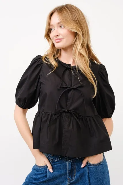 The Sophia Front Bow Blouse with Puff Sleeve in Black