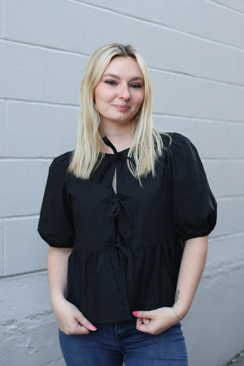 The Sophia Front Bow Blouse with Puff Sleeve in Black